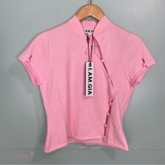 I AM GIA Ginra Top Short Sleeve Cut Out Button Detail Girly Pink Barbie Sz L - Picture 2 of 6